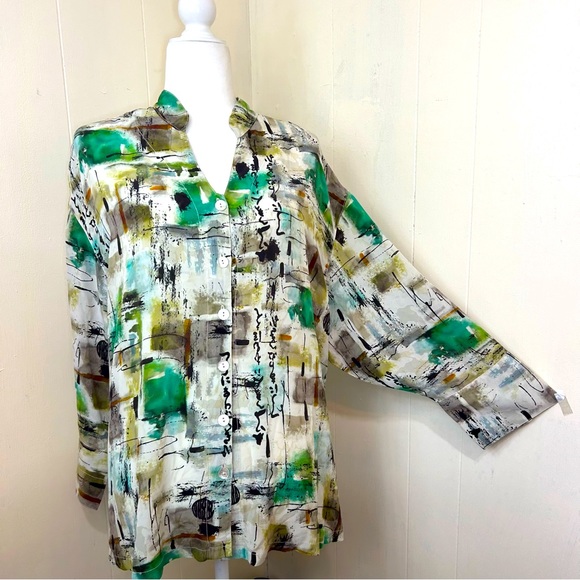 Tianello Tops - TIANELLO BY Steve Barraza 100% Silk Green Garment Dyed Tapei Blouse Top Size XL.